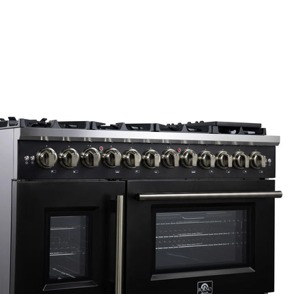 Forno Capriasca 48 Inch Freestanding French Door Dual Fuel Range in Black with Antique Brass Accessories, 8 Burners, True Convection Oven FORNO