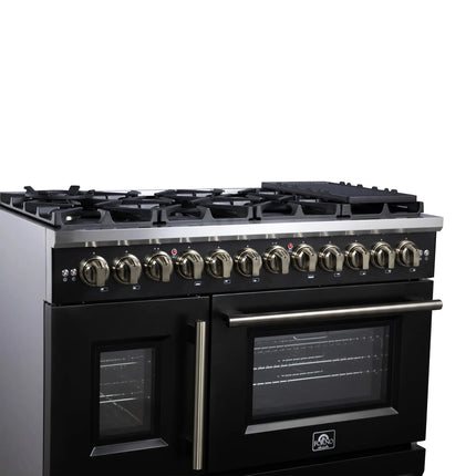Forno Capriasca 48 Inch Freestanding French Door Dual Fuel Range in Black with Antique Brass Accessories, 8 Burners, True Convection Oven FORNO