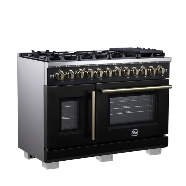 Forno Capriasca 48 Inch Freestanding French Door Dual Fuel Range in Black with Antique Brass Accessories, 8 Burners, True Convection Oven FORNO
