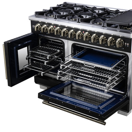 Forno Capriasca 48 Inch Freestanding French Door Dual Fuel Range in Black with Antique Brass Accessories, 8 Burners, True Convection Oven FORNO