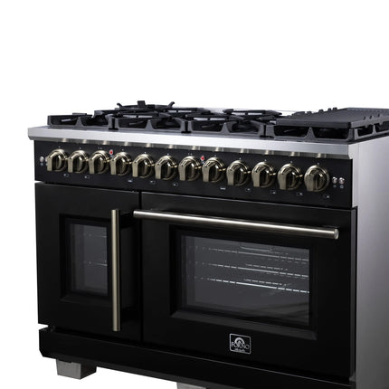 Forno Capriasca 48 Inch Freestanding French Door Dual Fuel Range in Black with Antique Brass Accessories, 8 Burners, True Convection Oven FORNO