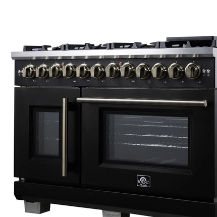 Forno Capriasca 48 Inch Freestanding French Door Dual Fuel Range in Black with Antique Brass Accessories, 8 Burners, True Convection Oven FORNO