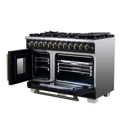 Forno Capriasca 48 Inch Freestanding French Door Dual Fuel Range in Black with Antique Brass Accessories, 8 Burners, True Convection Oven FORNO