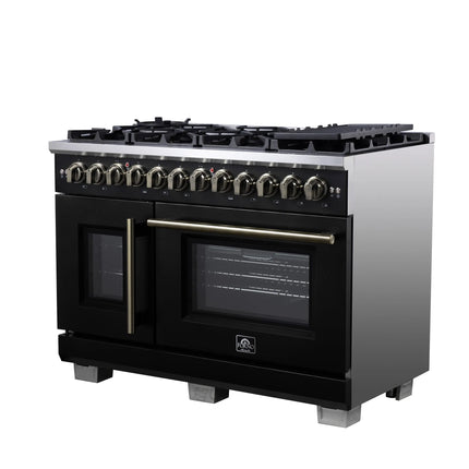 Forno Capriasca 48 Inch Freestanding French Door Dual Fuel Range in Black with Antique Brass Accessories, 8 Burners, True Convection Oven FORNO