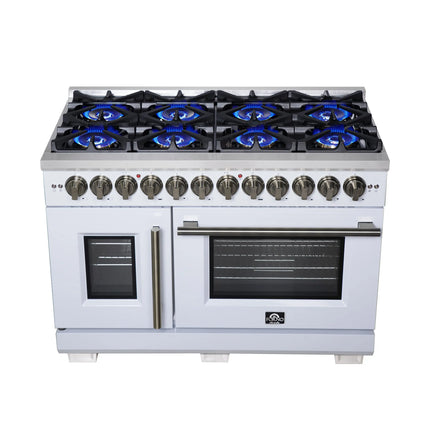 Forno Capriasca 48 Inch Freestanding French Door Dual Fuel Range in White with Antique Brass Accessories, 8 Burners, True Convection Oven FORNO