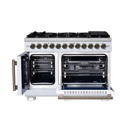 Forno Capriasca 48 Inch Freestanding French Door Dual Fuel Range in White with Antique Brass Accessories, 8 Burners, True Convection Oven FORNO