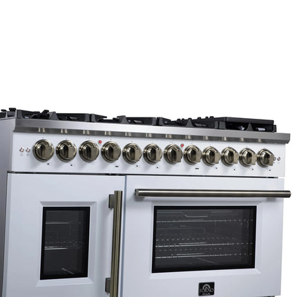 Forno Capriasca 48 Inch Freestanding French Door Dual Fuel Range in White with Antique Brass Accessories, 8 Burners, True Convection Oven FORNO