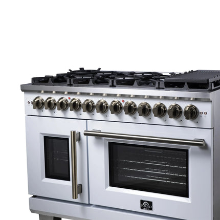 Forno Capriasca 48 Inch Freestanding French Door Dual Fuel Range in White with Antique Brass Accessories, 8 Burners, True Convection Oven FORNO