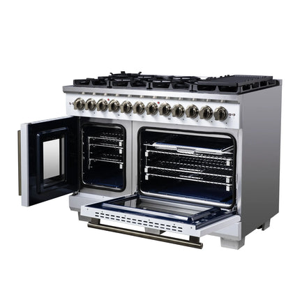 Forno Capriasca 48 Inch Freestanding French Door Dual Fuel Range in White with Antique Brass Accessories, 8 Burners, True Convection Oven FORNO