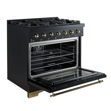 Forno Antico 36-inch Dual Fuel Range, Black and Antique Brass, 6 Burners, 4.5 cu.ft. Convection Oven FORNO