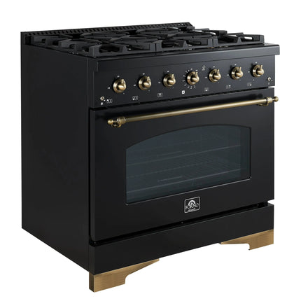 Forno Antico 36-inch Dual Fuel Range, Black and Antique Brass, 6 Burners, 4.5 cu.ft. Convection Oven FORNO