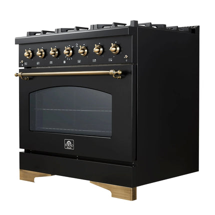 Forno Antico 36-inch Dual Fuel Range, Black and Antique Brass, 6 Burners, 4.5 cu.ft. Convection Oven FORNO