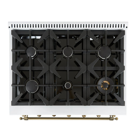 Forno Antico 36-inch Dual Fuel Range White and Antique Brass Design with 6 Sealed Gas Burners and Electric Convection Oven FORNO