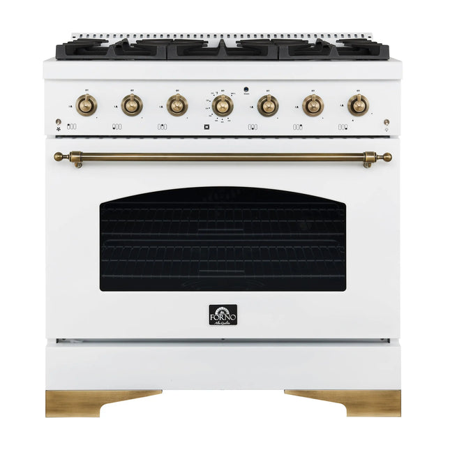 Forno Antico 36-inch Dual Fuel Range White and Antique Brass Design with 6 Sealed Gas Burners and Electric Convection Oven FORNO
