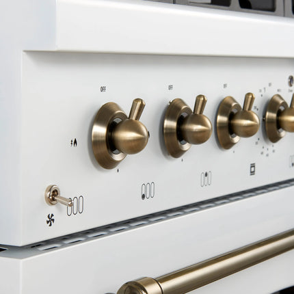Forno Antico 36-inch Dual Fuel Range White and Antique Brass Design with 6 Sealed Gas Burners and Electric Convection Oven FORNO