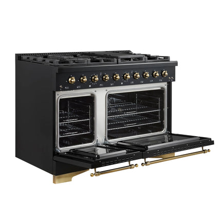 Forno Antico 48-Inch Dual Fuel Range, Black with Antique Brass Finish, 8 Burners, 94,000 BTU, 5.5 cu.ft. Double Ovens & Griddle FORNO