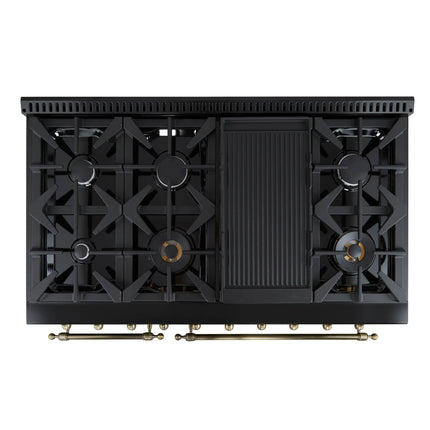 Forno Antico 48-Inch Dual Fuel Range, Black with Antique Brass Finish, 8 Burners, 94,000 BTU, 5.5 cu.ft. Double Ovens & Griddle FORNO