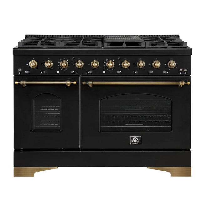 Forno Antico 48-Inch Dual Fuel Range, Black with Antique Brass Finish, 8 Burners, 94,000 BTU, 5.5 cu.ft. Double Ovens & Griddle FORNO