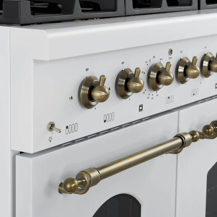 Forno Antico 48-Inch Dual Fuel Range, White with Antique Brass Finish, 8 Burners, 94,000 BTU, 5.5 cu.ft. Double Ovens & Griddle FORNO