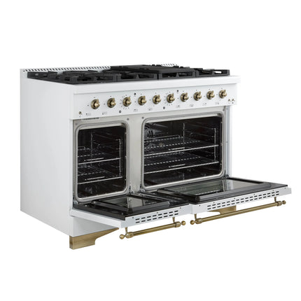 Forno Antico 48-Inch Dual Fuel Range, White with Antique Brass Finish, 8 Burners, 94,000 BTU, 5.5 cu.ft. Double Ovens & Griddle FORNO