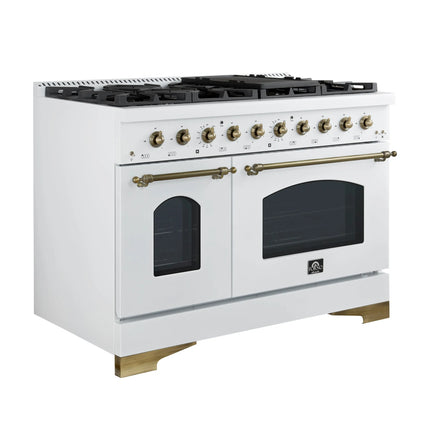 Forno Antico 48-Inch Dual Fuel Range, White with Antique Brass Finish, 8 Burners, 94,000 BTU, 5.5 cu.ft. Double Ovens & Griddle FORNO