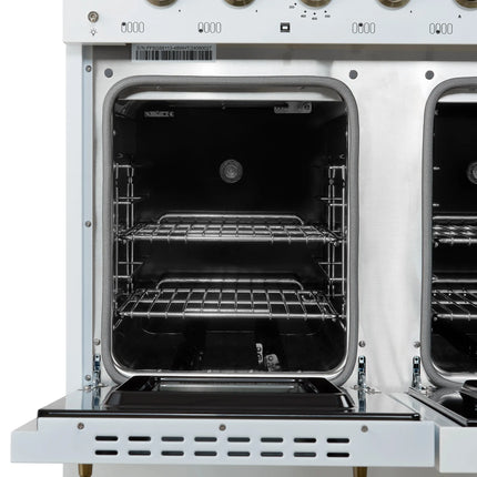 Forno Antico 48-Inch Dual Fuel Range, White with Antique Brass Finish, 8 Burners, 94,000 BTU, 5.5 cu.ft. Double Ovens & Griddle FORNO