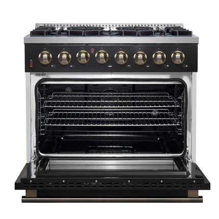 Forno Galiano 36-inch Dual Fuel Range in Black & Antique Brass Design, 6 Sealed Burners 83,000 BTU, 5.36 cu.ft. True Convection Oven FORNO