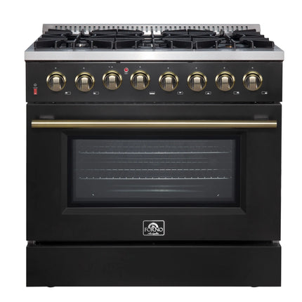 Forno Galiano 36-inch Dual Fuel Range in Black & Antique Brass Design, 6 Sealed Burners 83,000 BTU, 5.36 cu.ft. True Convection Oven FORNO