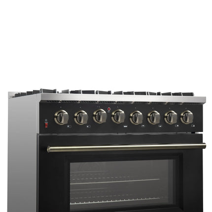 Forno Galiano 36-inch Dual Fuel Range in Black & Antique Brass Design, 6 Sealed Burners 83,000 BTU, 5.36 cu.ft. True Convection Oven FORNO