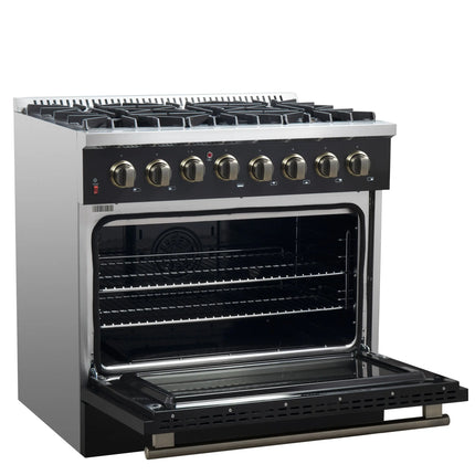 Forno Galiano 36-inch Dual Fuel Range in Black & Antique Brass Design, 6 Sealed Burners 83,000 BTU, 5.36 cu.ft. True Convection Oven FORNO