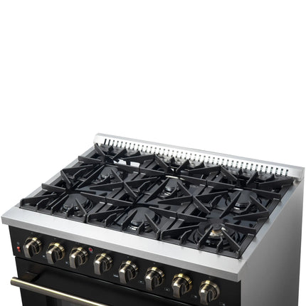 Forno Galiano 36-inch Dual Fuel Range in Black & Antique Brass Design, 6 Sealed Burners 83,000 BTU, 5.36 cu.ft. True Convection Oven FORNO