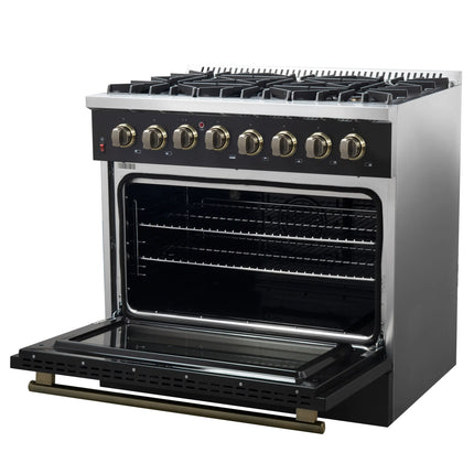Forno Galiano 36-inch Dual Fuel Range in Black & Antique Brass Design, 6 Sealed Burners 83,000 BTU, 5.36 cu.ft. True Convection Oven FORNO