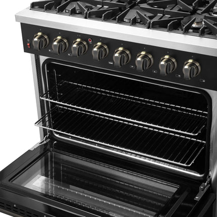 Forno Galiano 36-inch Dual Fuel Range in Black & Antique Brass Design, 6 Sealed Burners 83,000 BTU, 5.36 cu.ft. True Convection Oven FORNO