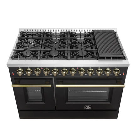 Galiano 48-inch Dual Fuel Range Black & Antique Brass Design with 8 Sealed Burners 107,000 BTU, 6.58 cu. ft. double ovens & Griddle FORNO