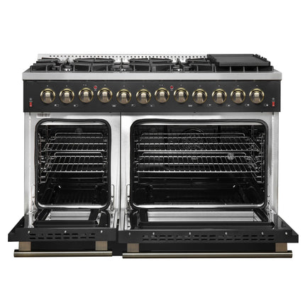 Galiano 48-inch Dual Fuel Range Black & Antique Brass Design with 8 Sealed Burners 107,000 BTU, 6.58 cu. ft. double ovens & Griddle FORNO