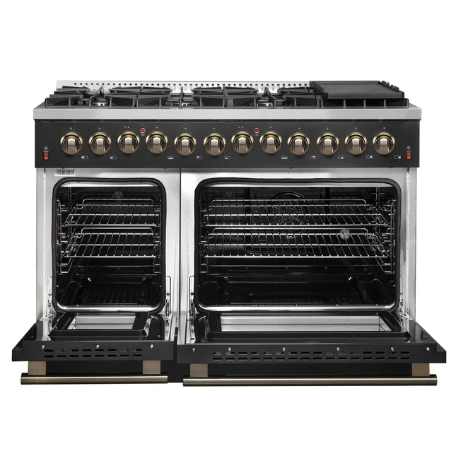 Galiano 48-inch Dual Fuel Range Black & Antique Brass Design with 8 Sealed Burners 107,000 BTU, 6.58 cu. ft. double ovens & Griddle FORNO