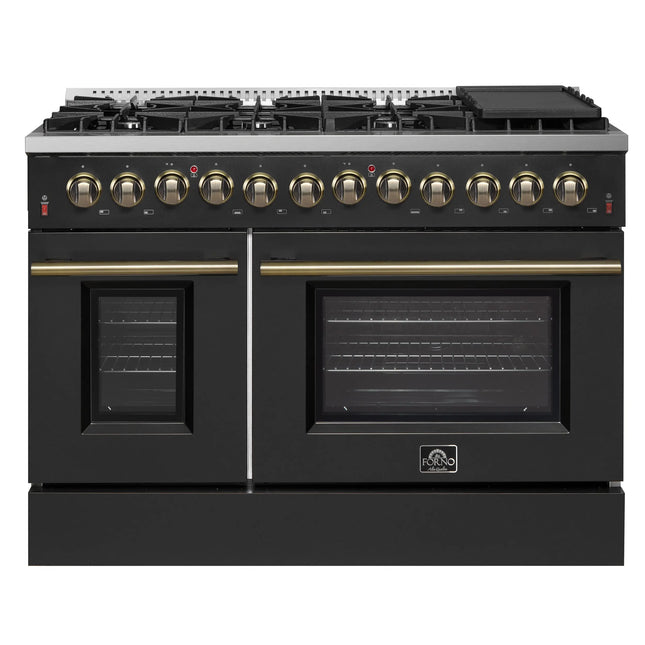 Galiano 48-inch Dual Fuel Range Black & Antique Brass Design with 8 Sealed Burners 107,000 BTU, 6.58 cu. ft. double ovens & Griddle FORNO