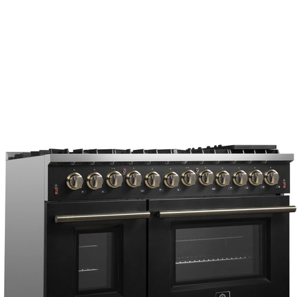 Galiano 48-inch Dual Fuel Range Black & Antique Brass Design with 8 Sealed Burners 107,000 BTU, 6.58 cu. ft. double ovens & Griddle FORNO