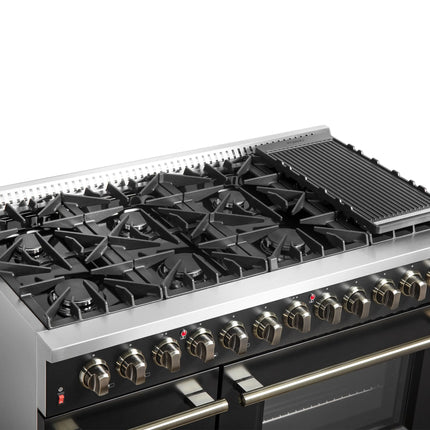Galiano 48-inch Dual Fuel Range Black & Antique Brass Design with 8 Sealed Burners 107,000 BTU, 6.58 cu. ft. double ovens & Griddle FORNO