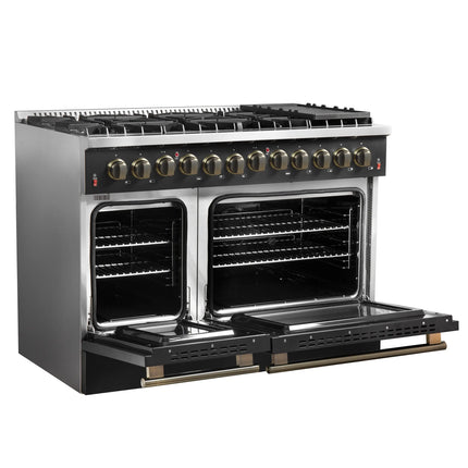Galiano 48-inch Dual Fuel Range Black & Antique Brass Design with 8 Sealed Burners 107,000 BTU, 6.58 cu. ft. double ovens & Griddle FORNO