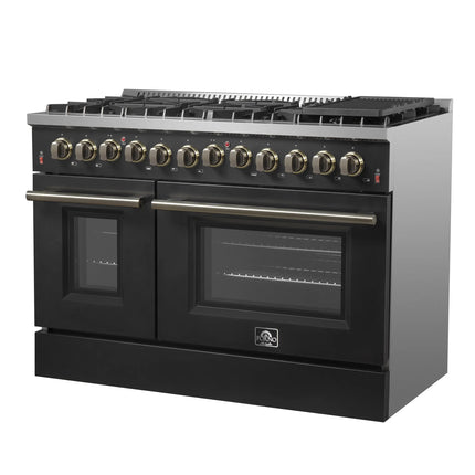 Galiano 48-inch Dual Fuel Range Black & Antique Brass Design with 8 Sealed Burners 107,000 BTU, 6.58 cu. ft. double ovens & Griddle FORNO