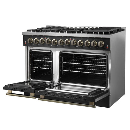 Galiano 48-inch Dual Fuel Range Black & Antique Brass Design with 8 Sealed Burners 107,000 BTU, 6.58 cu. ft. double ovens & Griddle FORNO