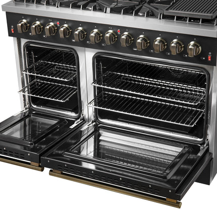 Galiano 48-inch Dual Fuel Range Black & Antique Brass Design with 8 Sealed Burners 107,000 BTU, 6.58 cu. ft. double ovens & Griddle FORNO