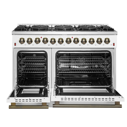 Galiano 48-inch Dual Fuel Range White & Antique Brass Design with 8 Sealed Burners 107,000 BTU, 6.58 cu. ft. double ovens & Griddle FORNO