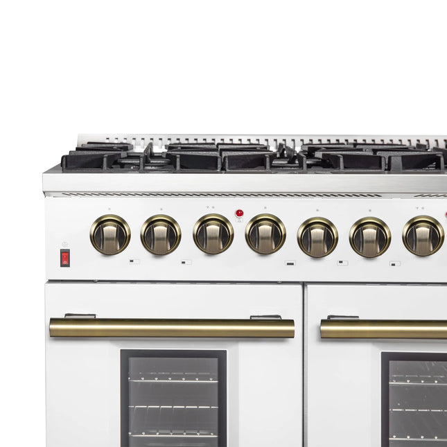Galiano 48-inch Dual Fuel Range White & Antique Brass Design with 8 Sealed Burners 107,000 BTU, 6.58 cu. ft. double ovens & Griddle FORNO