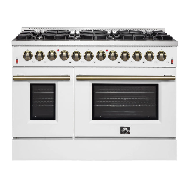 Galiano 48-inch Dual Fuel Range White & Antique Brass Design with 8 Sealed Burners 107,000 BTU, 6.58 cu. ft. double ovens & Griddle FORNO