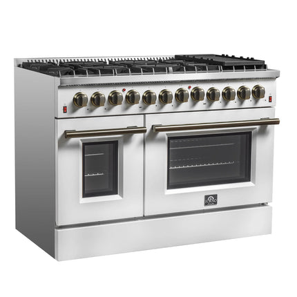 Galiano 48-inch Dual Fuel Range White & Antique Brass Design with 8 Sealed Burners 107,000 BTU, 6.58 cu. ft. double ovens & Griddle FORNO