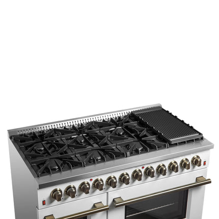 Galiano 48-inch Dual Fuel Range White & Antique Brass Design with 8 Sealed Burners 107,000 BTU, 6.58 cu. ft. double ovens & Griddle FORNO