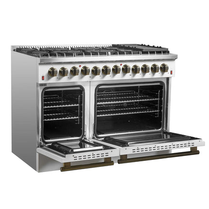 Galiano 48-inch Dual Fuel Range White & Antique Brass Design with 8 Sealed Burners 107,000 BTU, 6.58 cu. ft. double ovens & Griddle FORNO