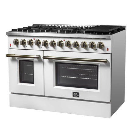 Galiano 48-inch Dual Fuel Range White & Antique Brass Design with 8 Sealed Burners 107,000 BTU, 6.58 cu. ft. double ovens & Griddle FORNO